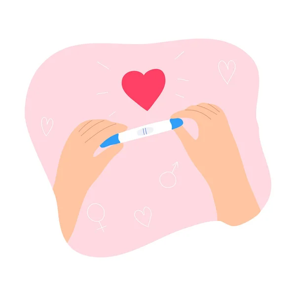 Terhességi tesztet tartó női kezek pozitív eredménnyel. Vektor illusztráció a lapos rajzfilm stílusban — Stock Vector