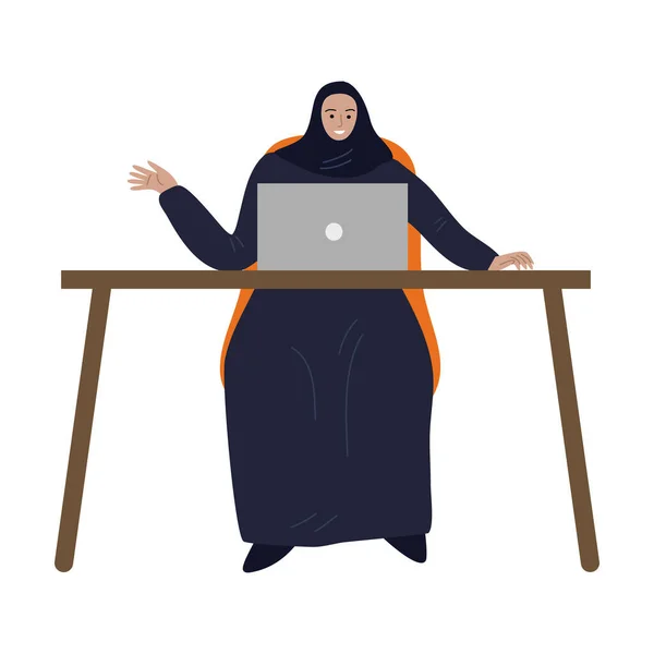 Muzułmańska kobieta biznesu w tradycyjnym hidżabie etnicznym siedzi z laptopem. Ilustracja wektora w stylu płaskiej kreskówki — Wektor stockowy