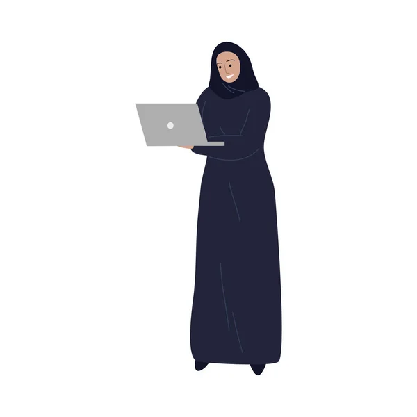 Muslim business woman in a traditional ethnic black hijab with the laptop. Vector illustration in cartoon style. — Stock Vector