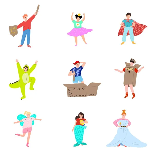 Conjunto de chicos y chicas sonrientes lindos en trajes de fiesta coloridos. Ilustración vectorial en estilo plano de dibujos animados . — Vector de stock