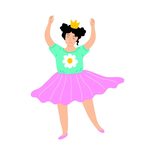 Linda niña sonriente con corona bailando en una falda rosa. Ilustración vectorial en estilo de dibujos animados . — Vector de stock