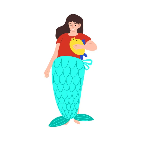 Cute smiling little girl standing in a fancy mermaid costume. Vector illustration in cartoon style. — Stock Vector