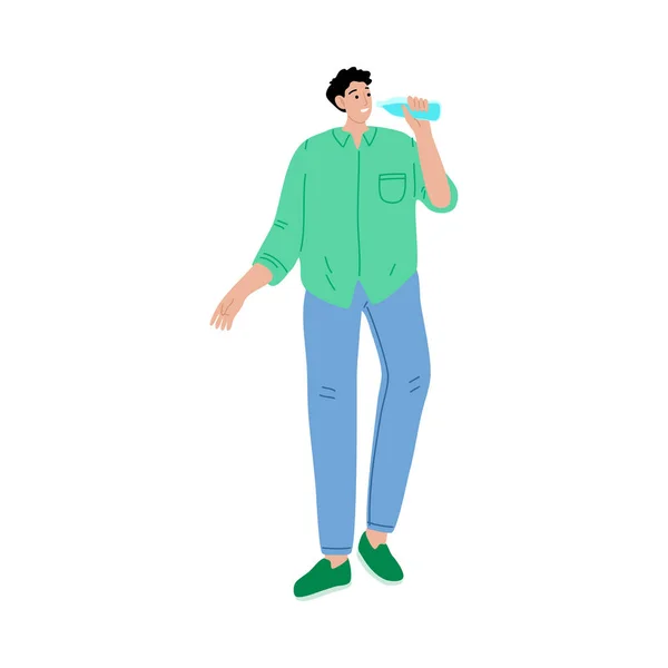 Jongeman die water drinkt uit de fles. Vector illustratie in cartoon stijl. — Stockvector