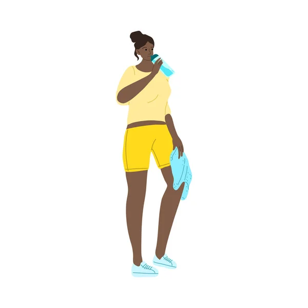 Fitness menina beber água da garrafa após exercícios esportivos. Ilustração vetorial em estilo cartoon . — Vetor de Stock