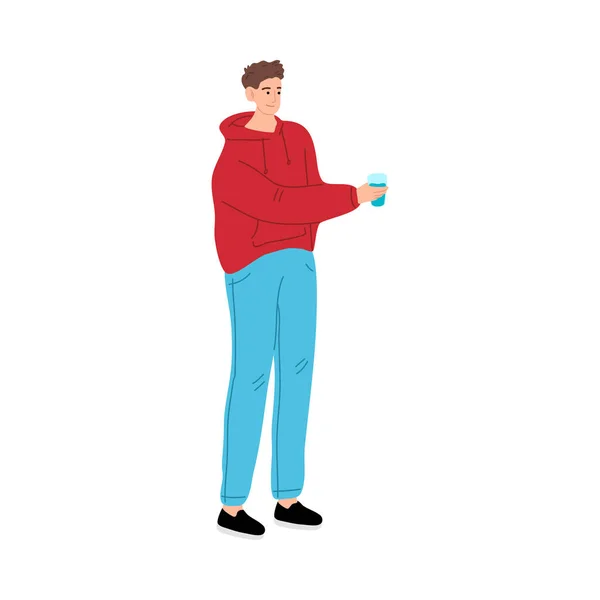 El joven de cabello castaño con camisa roja de pie con un vaso de agua. Ilustración vectorial en estilo de dibujos animados . — Archivo Imágenes Vectoriales