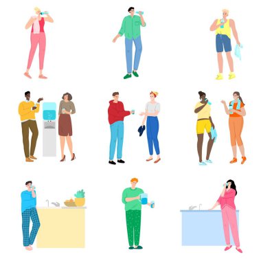 Farklı insanlar şişe, bardak ve soğutucuda su içiyor. Çizgi film tarzında vektör illüstrasyonu.