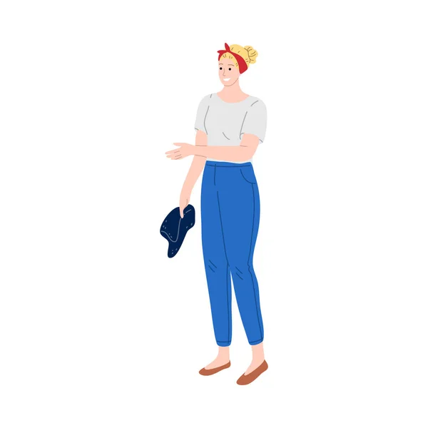 Linda mujer de pelo rubio de pie en pantalones azules con una toalla. Ilustración vectorial en estilo de dibujos animados . — Vector de stock