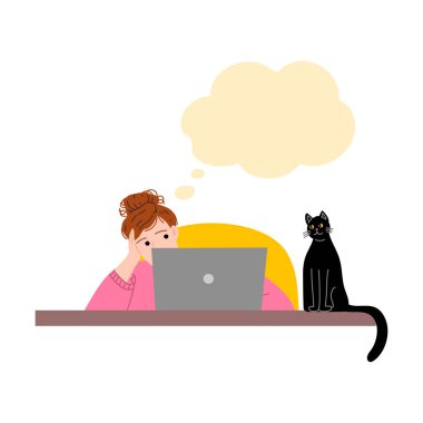 Masada siyah kediyle evde çalışan serbest çalışan genç bir kadın. Çizgi film tarzında vektör illüstrasyonu.