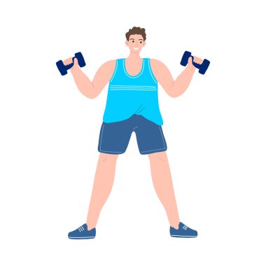 Mavi şortlu, halterle egzersiz yapan mutlu adam. Çizgi film tarzında vektör illüstrasyonu.