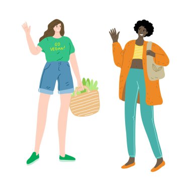 Mutlu vejetaryen kızlar bir torba taze vejetaryen yemekle duruyorlar. Çizgi film tarzında vektör illüstrasyonu.