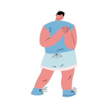 Mavi şortlu ve tişörtlü şişman, siyah saçlı mutlu bir adam. Çizgi film tarzında vektör illüstrasyonu.