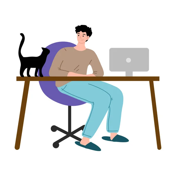 Young freelance man working at home with the black cat on the table. Vector illustration in cartoon style. — Stock Vector