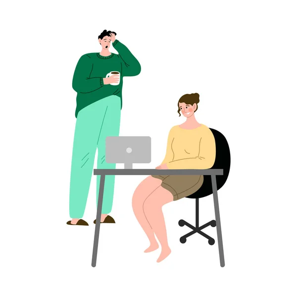 Couple freelance man and woman working at home on the laptop. Vector illustration in the flat cartoon style. — Stock Vector