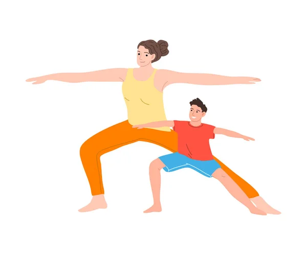 Glücklich lächelnde Mutter und Sohn beim gemeinsamen Yoga-Training. Vektorillustration im Cartoon-Stil. — Stockvektor