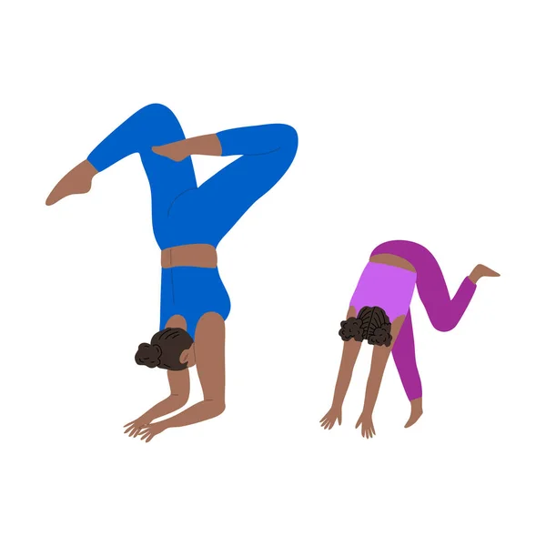 Jeune mère et fille faisant exercice de yoga de tête ensemble. Illustration vectorielle dans le style dessin animé . — Image vectorielle