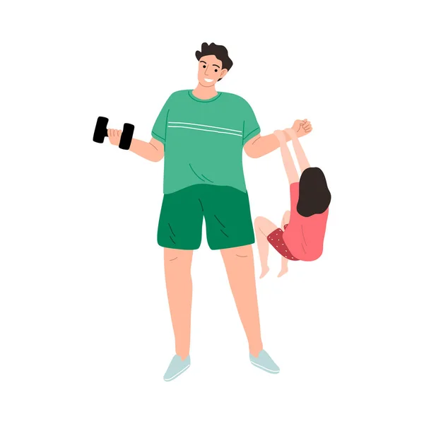 Joyeux père et fille souriants faisant de l'exercice avec haltère. Une fille accrochée à une main. Illustration vectorielle dans le style dessin animé — Image vectorielle