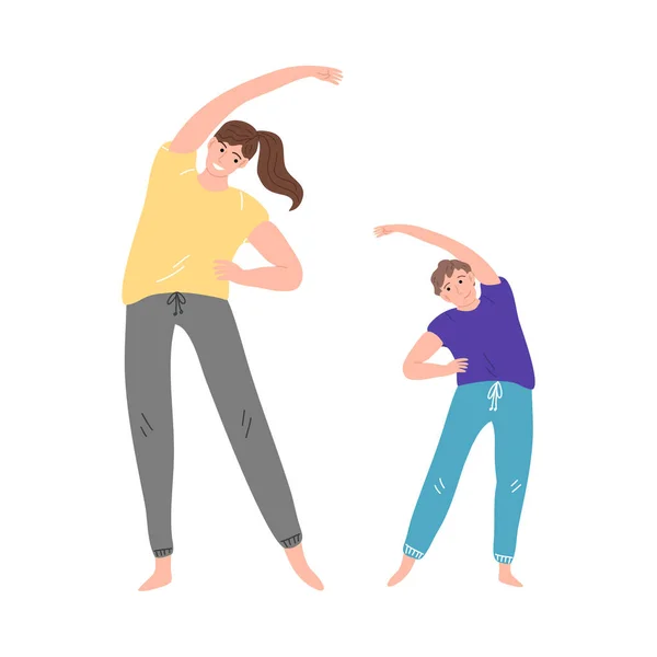 Glücklich lächelnde Mutter und Sohn turnen gemeinsam Yoga. Vektorillustration im Cartoon-Stil. — Stockvektor