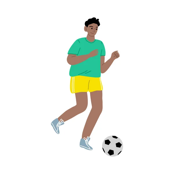 Topla koşan yeşil tişörtlü futbolcu çocuk. Çizgi film tarzında vektör illüstrasyonu. — Stok Vektör