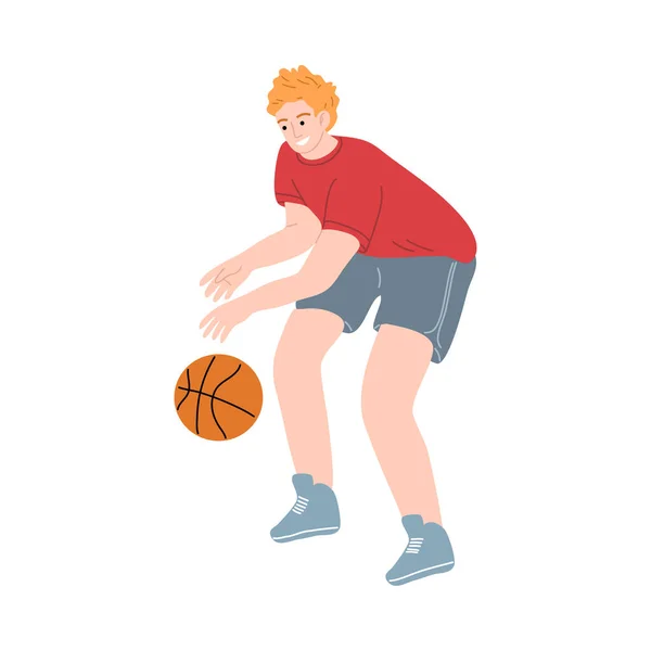 Mężczyzna koszykarz w czerwonym t-shirt dryblując piłkę ręcznie. Ilustracja wektora w stylu płaskiej kreskówki — Wektor stockowy