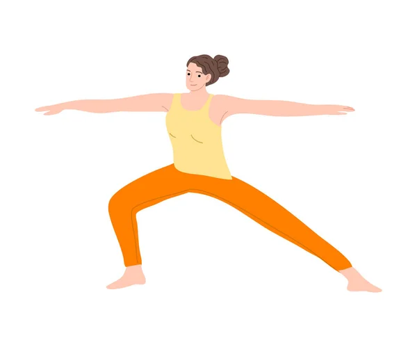 Chica gimnasta sonriente feliz en pantalones naranja muestra el ejercicio. Ilustración vectorial en el estilo plano de dibujos animados — Vector de stock