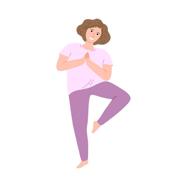 Счастливая улыбчивая девушка в розовой одежде делает йога асана упражнения в позе дерева. Векторная иллюстрация в стиле мультфильма . — стоковый вектор