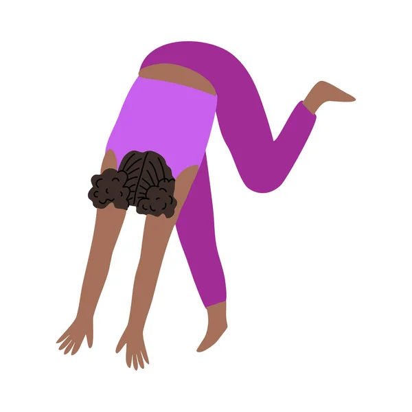 Femme aux cheveux noirs en vêtements de sport roses faisant de l'exercice de yoga de tête ensemble. Illustration vectorielle dans le style dessin animé . — Image vectorielle