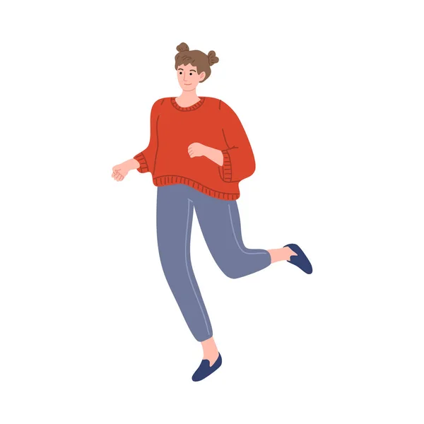 Feliz chica de pelo castaño sonriente corriendo en una camisa roja. Estilo de vida saludable. Ilustración vectorial en estilo de dibujos animados — Vector de stock