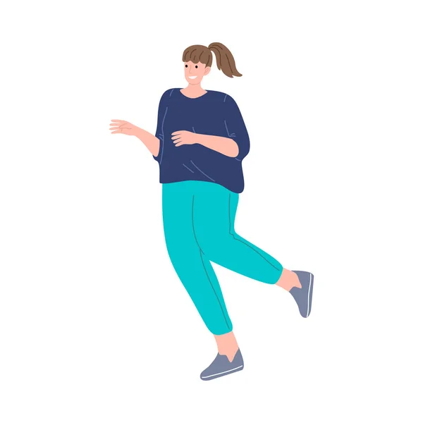 Feliz sorrindo menina de cabelos castanhos correndo em uma camisa azul. Estilo de vida saudável. Ilustração vetorial em estilo cartoon —  Vetores de Stock