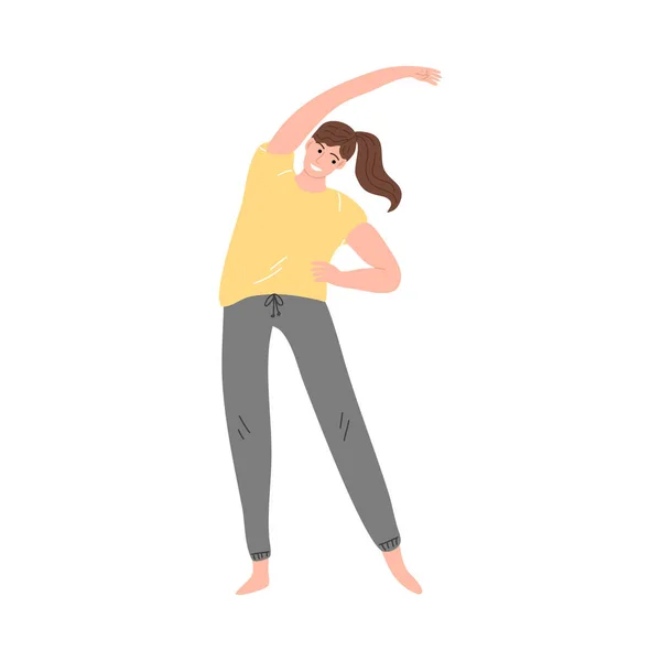 Glücklich lächelndes braunhaariges Mädchen, das gymnastische Yoga-Übungen macht. Vektorillustration im Cartoon-Stil. — Stockvektor