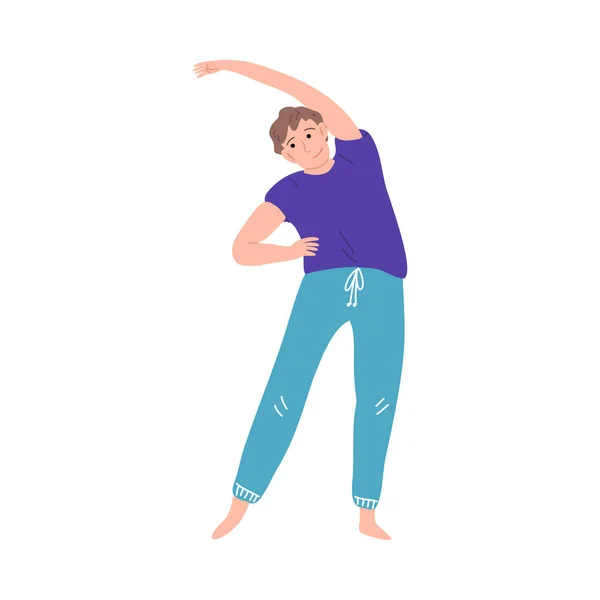 Feliz sorrindo homem de cabelos castanhos fazendo exercício de ioga ginástica. Ilustração vetorial em estilo cartoon . —  Vetores de Stock
