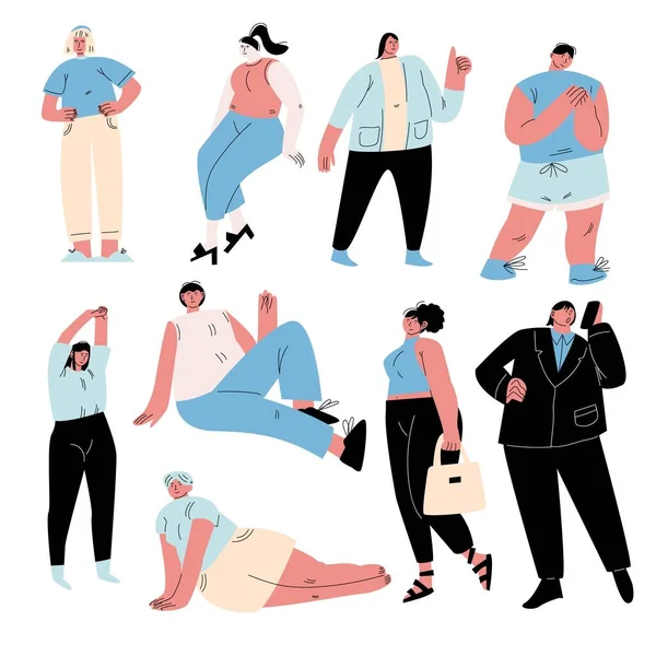 Conjunto de cuerpo positivo divertido diferentes personas con sobrepeso en ropa casual. Ilustración vectorial en estilo plano de dibujos animados . — Archivo Imágenes Vectoriales