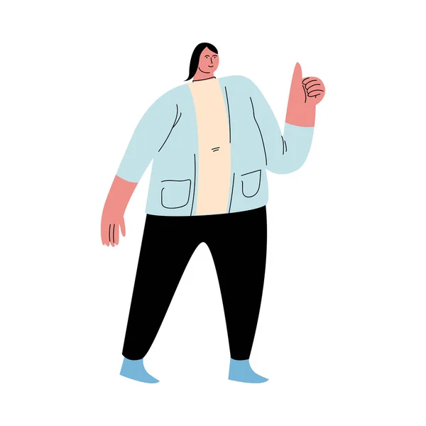 Hombre de pelo negro con sobrepeso parado en pantalones negros y mostrando el gesto de los pulgares hacia arriba. Ilustración vectorial en estilo de dibujos animados . — Vector de stock