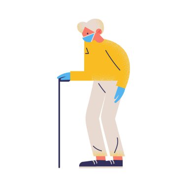 Korunmak için koruyucu maske ve eldiven takan yaşlı bir adam.