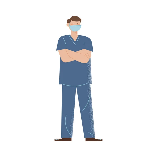 Молодой врач в форме и защитной маске работает во время пандемии коронавируса — стоковый вектор