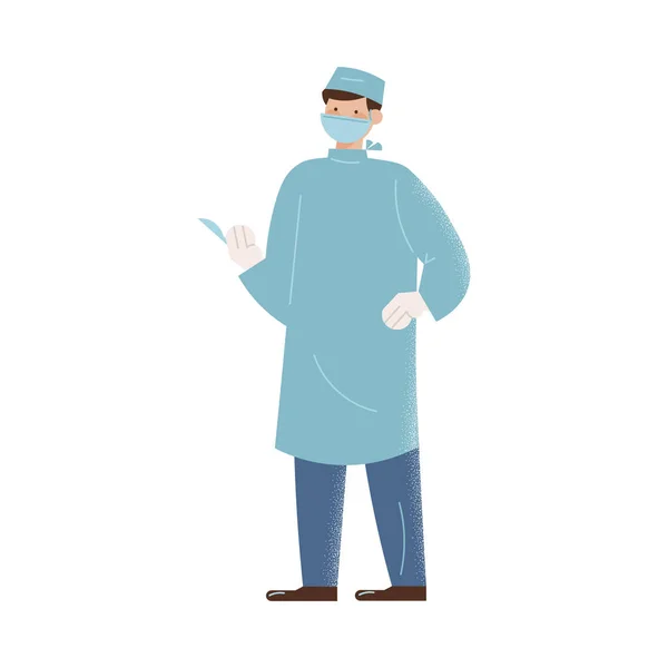Молодий хірург в уніформі та захисній масці, що працює під час пандемії коронавірусу — стоковий вектор