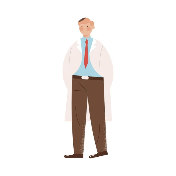 Νεαρός γιατρός με στολή και γραβάτα που εργάζεται στο νοσοκομείο κατά τη διάρκεια της πανδημίας του κορωναϊού. — Διανυσματικό Αρχείο