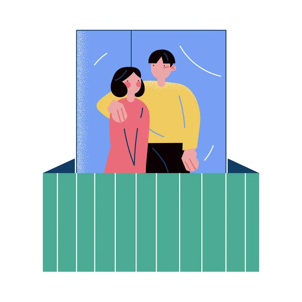 Молода пара стоїть на балконі під час карантину та пандемії коронавірусу — стоковий вектор
