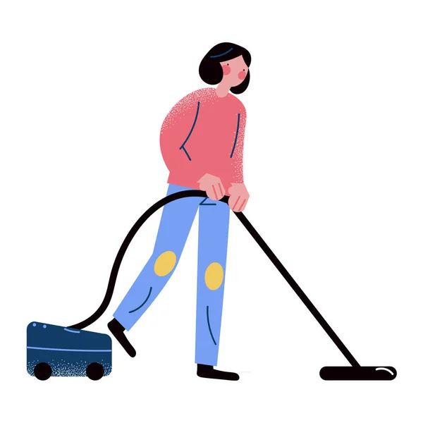 Frau staubsaugt Teppich und bleibt während Quarantäne und Coronavirus-Pandemie zu Hause — Stockvektor