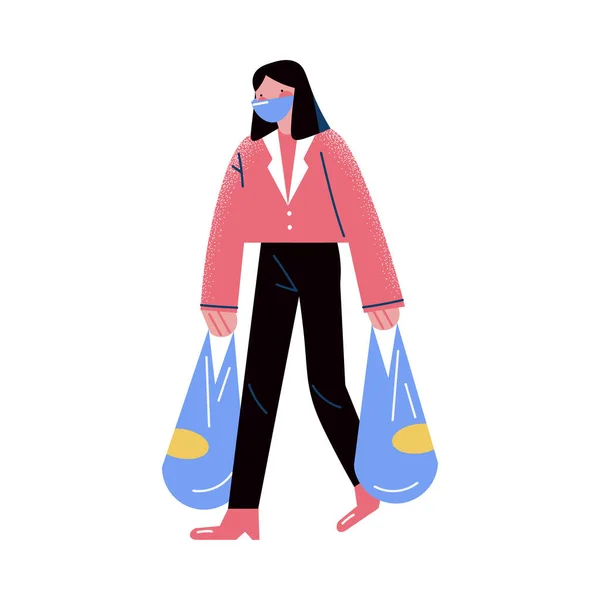 Mujer llevando bolsas de compras durante cuarentena y pandemia de coronavirus — Vector de stock