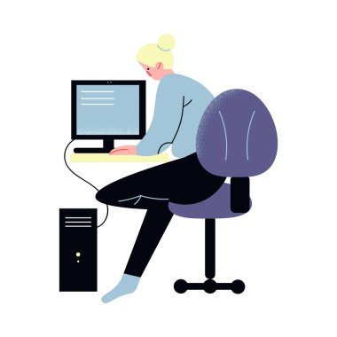 Oturan ve bilgisayar işi yapan kadın ofis vektör illüstrasyonunda, dikiz görünümünde