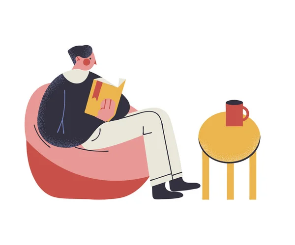 Man sitting on armchair and reading book at home during coronavirus pandemic — Stock Vector