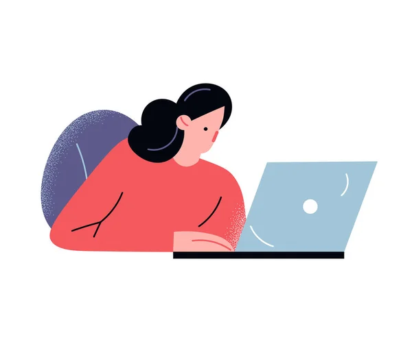 Számítógépes munkát végző nő irodai vagy otthoni vektor illusztráció — Stock Vector