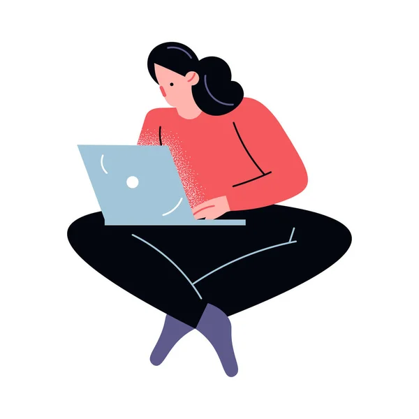 Mulher sentada e fazendo trabalho de computador no escritório ou ilustração vetorial em casa —  Vetores de Stock