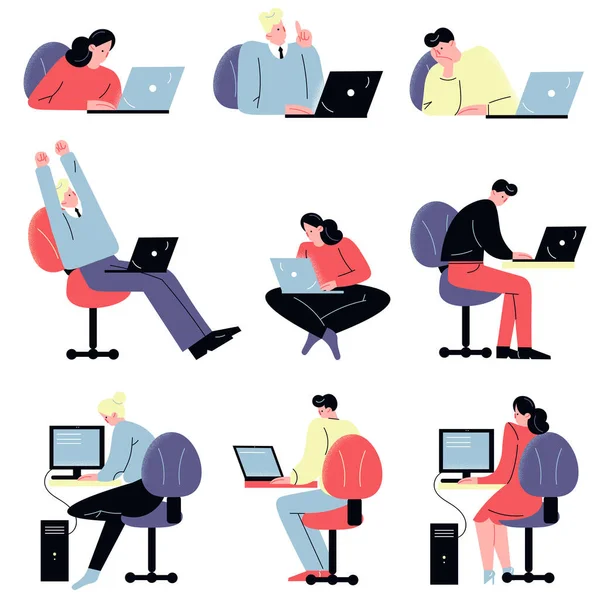 Jeunes faisant du travail informatique au bureau ou à la maison — Image vectorielle