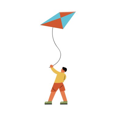 Mutlu küçük çocuk yaz vektör çiziminde açık havada uçurtma uçuruyor.