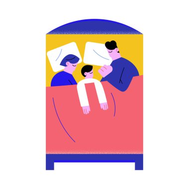 Çocuklu bir aile evde büyük bir yatakta yatıyor.