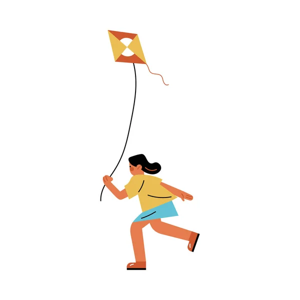 Glückliches Mädchen läuft und fliegt Drachen im Freien Vektor Illustration — Stockvektor