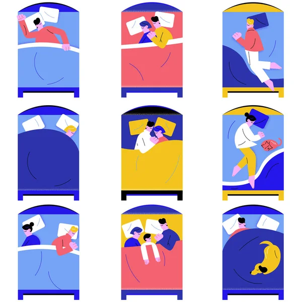 Σύνολο των ανθρώπων που κοιμούνται σε διαφορετικές στάσεις μαζί στην απεικόνιση διανυσματικό κρεβάτι — Διανυσματικό Αρχείο