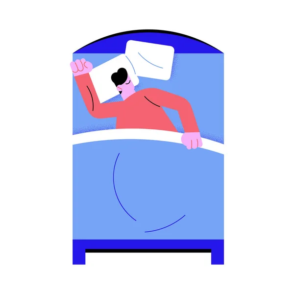 Mann schläft allein in großem Bett mit blauer Bettwäsche — Stockvektor