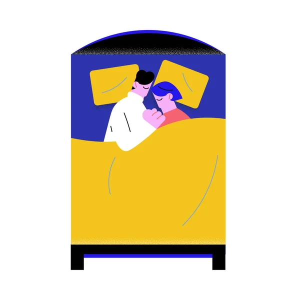 Giovane coppia innamorata dormire insieme in grande letto e abbracci — Vettoriale Stock